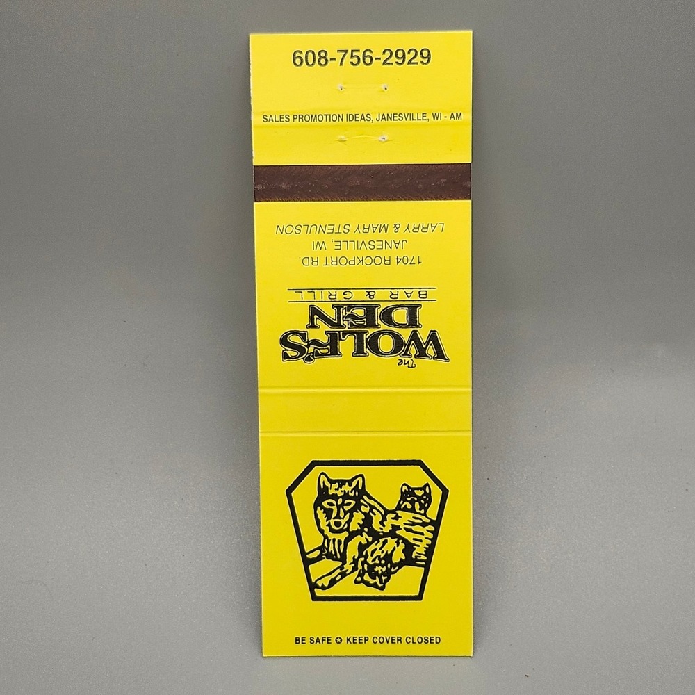 Vintage Wolf's Den Bar & Grill Matchbook Janesville WI Wolves Logo Advertising
